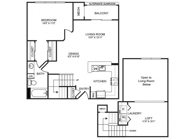 Floor plan for 1 bed, 1 bath, 903 sqft